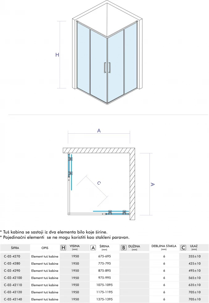Element tuš kabine CONCEPT ATLAS ELEMENT 80x195cm staklo 6mm providno C-02-4280 (5)