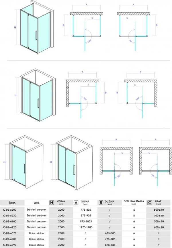 Stakleni paravan CONCEPT ABSOLUT 90x200cm staklo 6mm providno pivot vrata sa fiksnim delom C-02-6220F