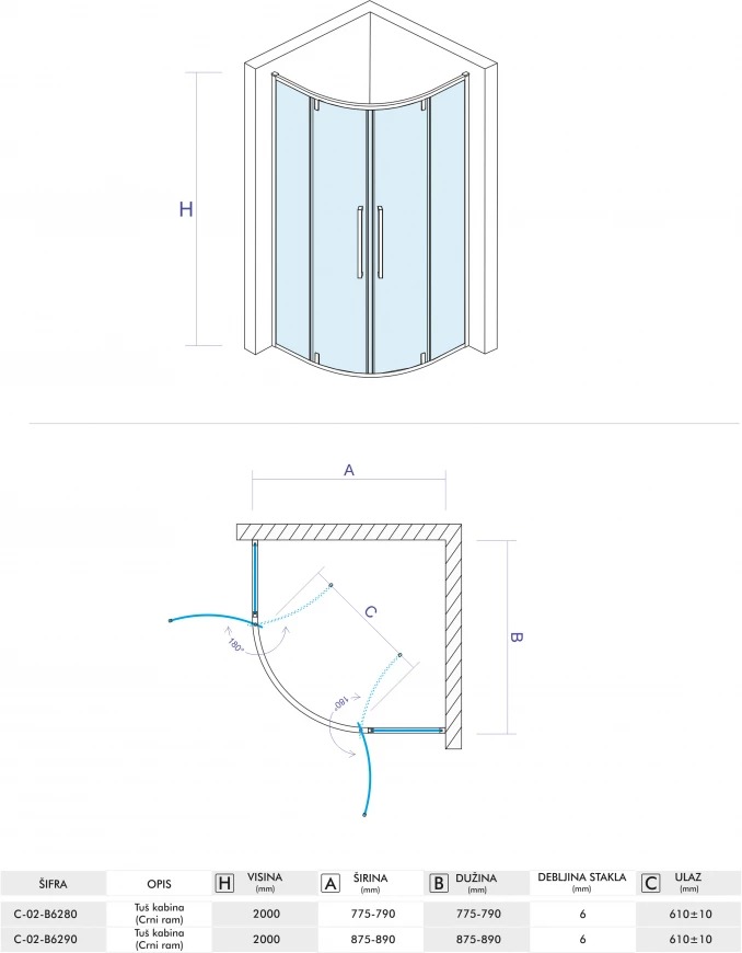 Tuš kabina CONCEPT ABSOLUT BLACK R80x200cm dark staklo 6mm sa pivot vratima C-02-B6280 (4) Tuš kabina CONCEPT ABSOLUT BLACK R80x200cm dark staklo 6mm sa pivot vratima C-02-B6280