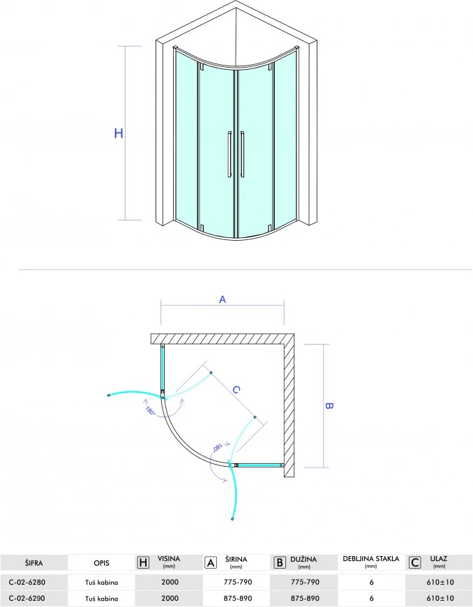 Tuš kabina CONCEPT ABSOLUT R90x200cm staklo 6mm providno sa pivot vratima C-02-6290 (6) Tuš kabina CONCEPT ABSOLUT R90x200cm staklo 6mm providno sa pivot vratima C-02-6290