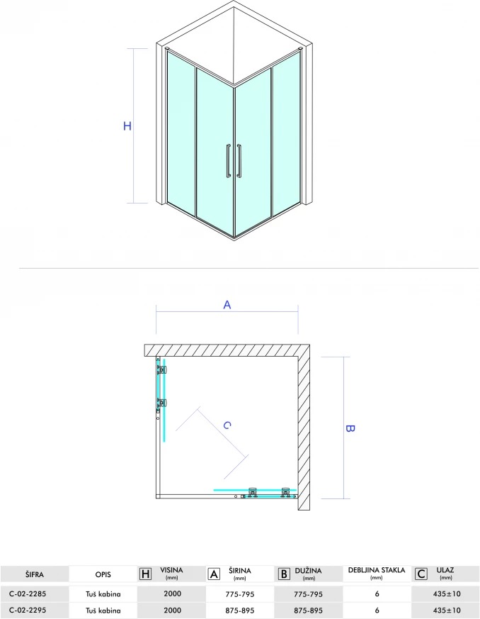 Tuš kabina CONCEPT DEVON200 80x80x200cm staklo 6mm providno sa tankim ramom C-02-2285 (4)